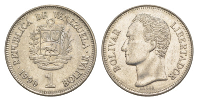 Венесуэла 1 боливар 1990 Симон Боливар, толстый шрифт Y 52a.2 сталь плакированная никелем 4591-415