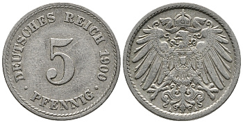ГЕРМАНИЯ 5 ПФЕННИГОВ 1900 A KM 11, J. 12 медно-никель 39-747