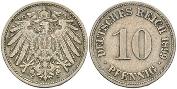 ГЕРМАНИЯ 10 ПФЕННИГОВ 1899 D KM 12, J. 13 медно-никель 4401-1122