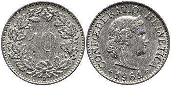 ШВЕЙЦАРИЯ 10 РАППЕНОВ 1961 В KM 27 медно-никель 4539-453