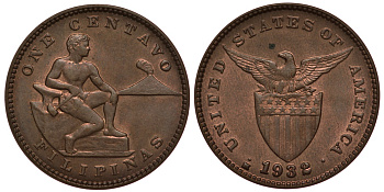 ФИЛИППИНЫ 1 СЕНТАВО 1932 KM 163 бронза UNC 4044-111