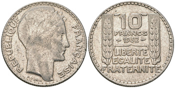 Франция 10 франков 1932 Пьер Тюрен KM 878, Le Franc 360.5 серебро 4390-254