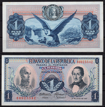 Колумбия 1 песо оро 1972 Симон Боливар, генерал Франсиско де Паула Сантандер, андский кондор Pick 404 бумага UNC (пресс) 8518-19-2-2