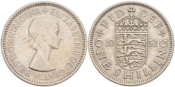 Великобритания 1 шиллинг 1953 Елизавета II (1952-2022), Английский герб KM 890, Spink 4139 медно-никель 4556-617