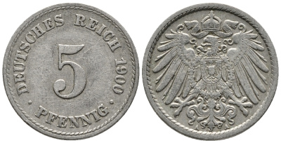 ГЕРМАНИЯ 5 ПФЕННИГОВ 1900 A KM 11, J. 12 медно-никель 39-747