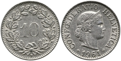 ШВЕЙЦАРИЯ 10 РАППЕНОВ 1961 В KM 27 медно-никель 4539-453