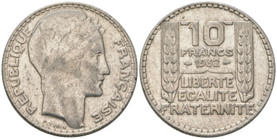 Франция 10 франков 1932 Пьер Тюрен KM 878, Le Franc 360.5 серебро 4390-254
