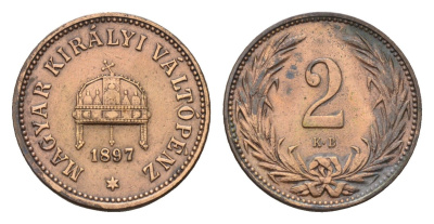 Венгрия 2 филлера 1897 KB, Франц Иосиф I (1848-1916) KM 481 бронза 72-1647