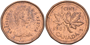 Канада 1 цент 1983 Елизавета II, кленовый лист KM 132 бронза    4147-313