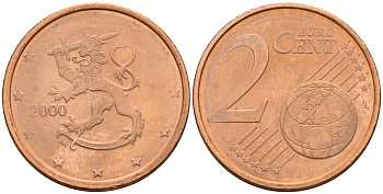 Финляндия 2 евроцента 2000  KM 99 сталь плакированная медью  UNC  4564-368