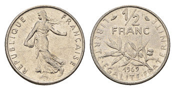 Франция 1/2 франка 1969 KM 931.1 никель 4613-244