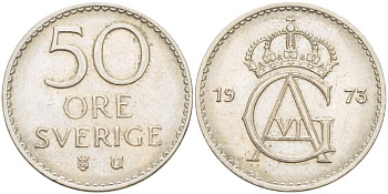 Швеция 50 эре 1973 U, Густав VI Адольф (1950-1973) KM 837 медно-никель 4523-242