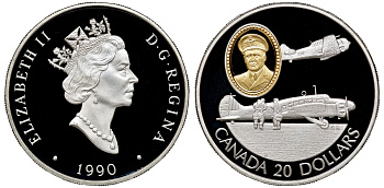Канада 20 долларов 1990 самолеты Энсон и Гарвард, маршал Роберт Леки в оригинальной коробке с сертификатом KM 173 серебро, позолота PROOF 5-4-5-01
