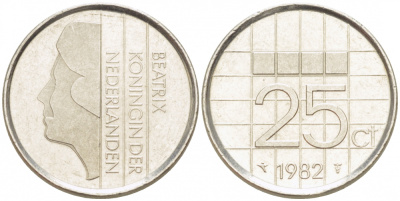 Нидерланды 25 центов 1982 Беатрикс (1980-2013) KM 204 никель 3457-1136