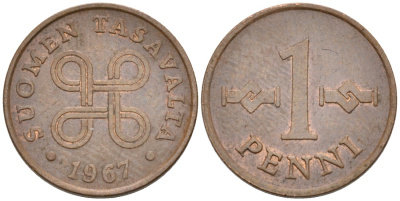 Финляндия 1 пенни 1967 KM 44 медь 192-1239