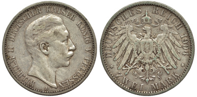 Пруссия 2 марки 1904 A, Вильгельм II (1888-1918) J.102, Weege 101, KM 522 серебро 02-014-32