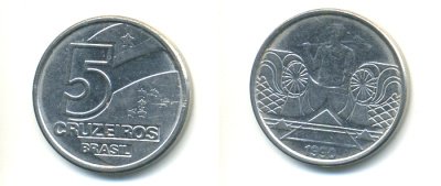 Бразилия 5 крузейро 1990 фермер KM 618.1 нержавеющая сталь aUNC 93-651
