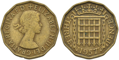 Великобритания 3 пенса 1957 Елизавета II (1952-2022) KM 900, Spink 4153 никель латунь 4146-342