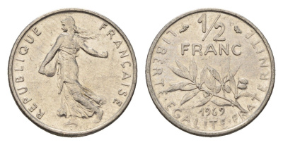 Франция 1/2 франка 1969 KM 931.1 никель 4613-244