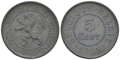 Бельгия 5 сантимов 1915 германская оккупация первая мировая война, Альберт I (1910-1934) KM 80 цинк aUNC 4617-331