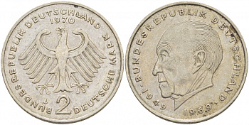 ФРГ 2 МАРКИ 1970 J, КОНРАД АДЕНАУЭР KM 124, J. 406 медно-никель плакированный никелем 3718-1047
