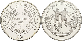 Турция 15000000 лир 2003 чемпионат мира по футболу в Германии 2006 года KM 1265 серебро PROOF 11-083-14