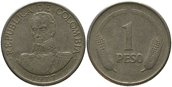Колумбия 1 песо 1977 KM 258.2 медно-никель 4529-1054