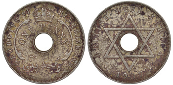 Британская Западная Африка 1 пенни 1937 H, Георг V KM 19 медно-никель 25-2445