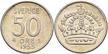 Швеция 50 эре 1953 TS, Густав VI Адольф (1950-1973) KM 825 серебро 4148-926