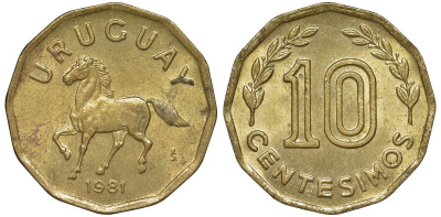 Уругвай 10 сентесимо 1981 KM 66 алюминиевая бронза 4169-514