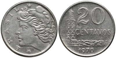 Бразилия 20 сентаво 1970 голова Свободы влево KM 579.2, Schon 84a медно-никель 4577-624