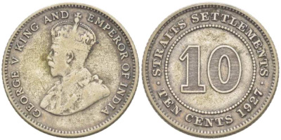 Стрейтс-Сетлментс 10 центов 1927 Георг V (1910-1936) KM 29b серебро 218-853