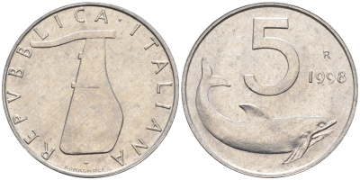 Италия 5 лир 1998 R, дельфин KM 92 алюминий  UNC  4594-929