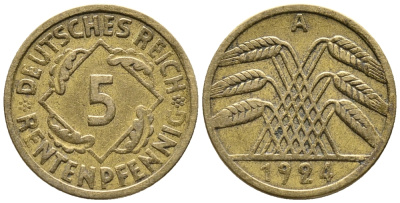 ГЕРМАНИЯ 5 РЕНТЕНПФЕННИГОВ 1924 A KM 32, J. 308 алюминиевая бронза 39-448