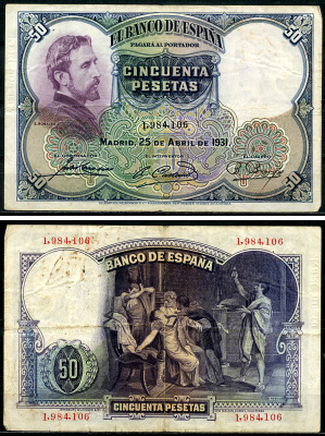 Испания 50 песет 1931 Эдуардо Росалес, "Смерть Лукреции" Pick 82  бумага   6294-44-2-2