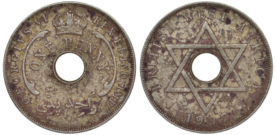 Британская Западная Африка 1 пенни 1937 H, Георг V KM 19 медно-никель 25-2445