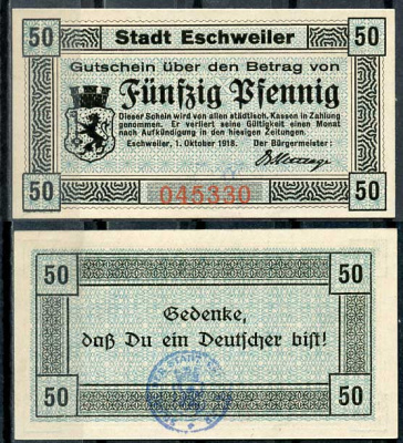 Германия, Эшвайлер 50 пфеннигов 1918 нотгельд, 1.10.1918 бумага UNC (пресс) 8614-44-4-1