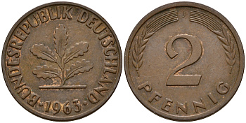 ФРГ 2 пфеннига 1963 J J.381  KM 106 бронза    4598-733