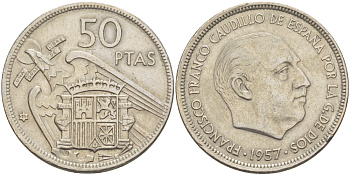 Испания 50 песет 1957 (71) Франциско Франко (1939-1975) KM 788 медно-никель 4185-932