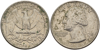 США 25 ЦЕНТОВ = КВОТЕР 1986 Р, ВАШИНГТОН KM А164а медь плакированная медно-никелем 31-747