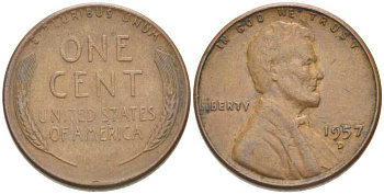 США 1 ЦЕНТ 1957 D, ЛИНКОЛЬН KM А132 медь цинк 218-317