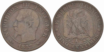 ФРАНЦИЯ 5 САНТИМОВ 1857 A, НАПОЛЕОН III (1852-1870) KM 777.1, LE FRANC 116.37 бронза 108-446