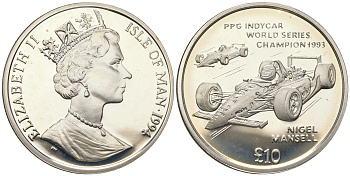 Остров Мэн 10 фунтов 1994 Найджел Мэнселл, чемпион Мировой серии PPG Indycar, гоночный болид КМ 400 серебро  PROOF  1091-2-34