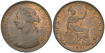 Великобритания 1/2 пенни 1891 Виктория (1837-1901) KM 754, Spink 3956 бронза aUNC 4163-845