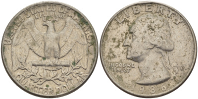 США 25 ЦЕНТОВ = КВОТЕР 1986 Р, ВАШИНГТОН KM А164а медь плакированная медно-никелем 31-747