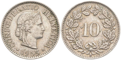 ШВЕЙЦАРИЯ 10 РАППЕНОВ 1955 В KM 27 медно-никель 55-244