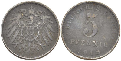 ГЕРМАНИЯ 5 ПФЕННИГОВ 1918 A KM 19, J. 297, Weege 5 железо 206-718