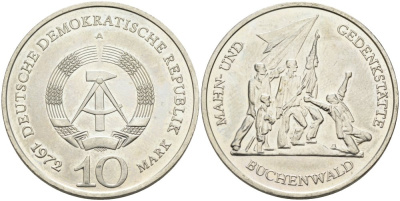 ГДР 10 марок 1972 A, мемориал Бухенвальда KM 38, J. 1539 медно-никель 4574-645