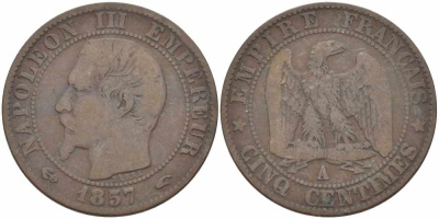 ФРАНЦИЯ 5 САНТИМОВ 1857 A, НАПОЛЕОН III (1852-1870) KM 777.1, LE FRANC 116.37 бронза 108-446