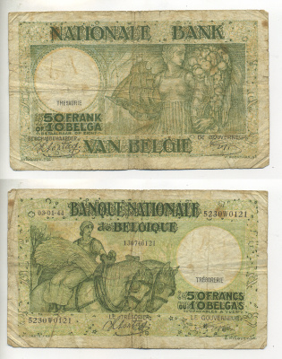 Бельгия 50 франков = 10 бельгас  1944 16074 Pick 106 бумага 6299-27-2
